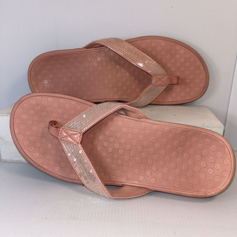 Vionic Tide Pink Sequin Slip On Flip Flop Sandals Shoes Sz 9
